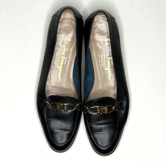Salvatore Ferragamo Embossed Leather Loafers with Gold Bit in Navy Size 8.5 M - Picture 9 of 9